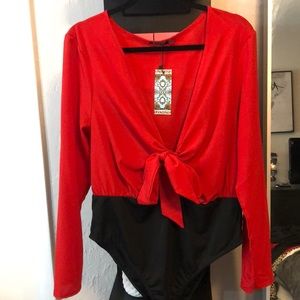 Boohoo red tie front bodysuit